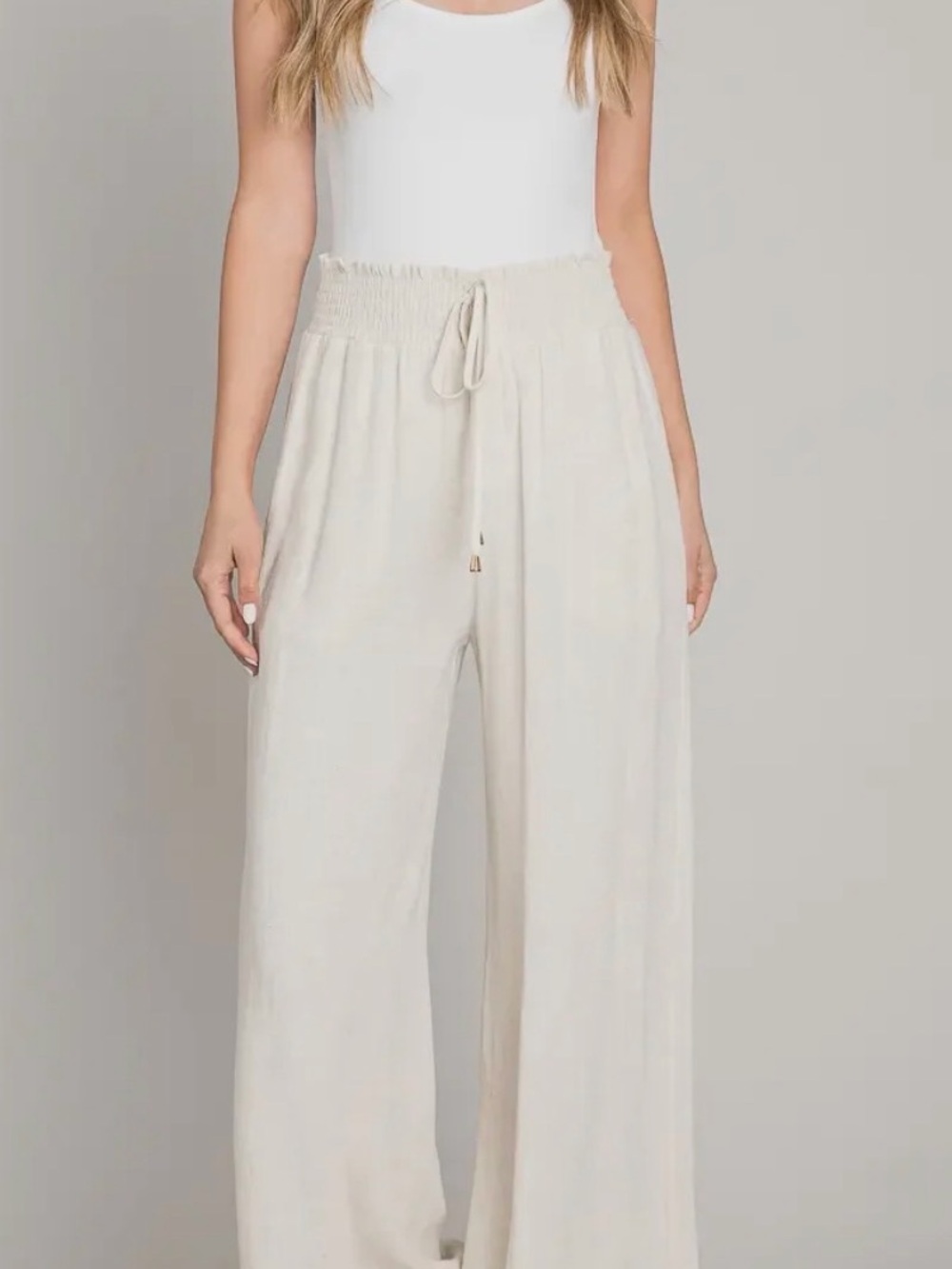 Allie Rose Women's Cream Wide-Leg Drawstring Pants with Smocked Waist
